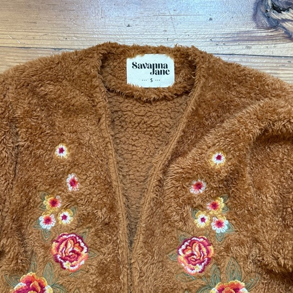 Savanna Jane Teddy Fleece Jacket Women Brown Floral Embroidered SIZE S - Picture 3 of 6